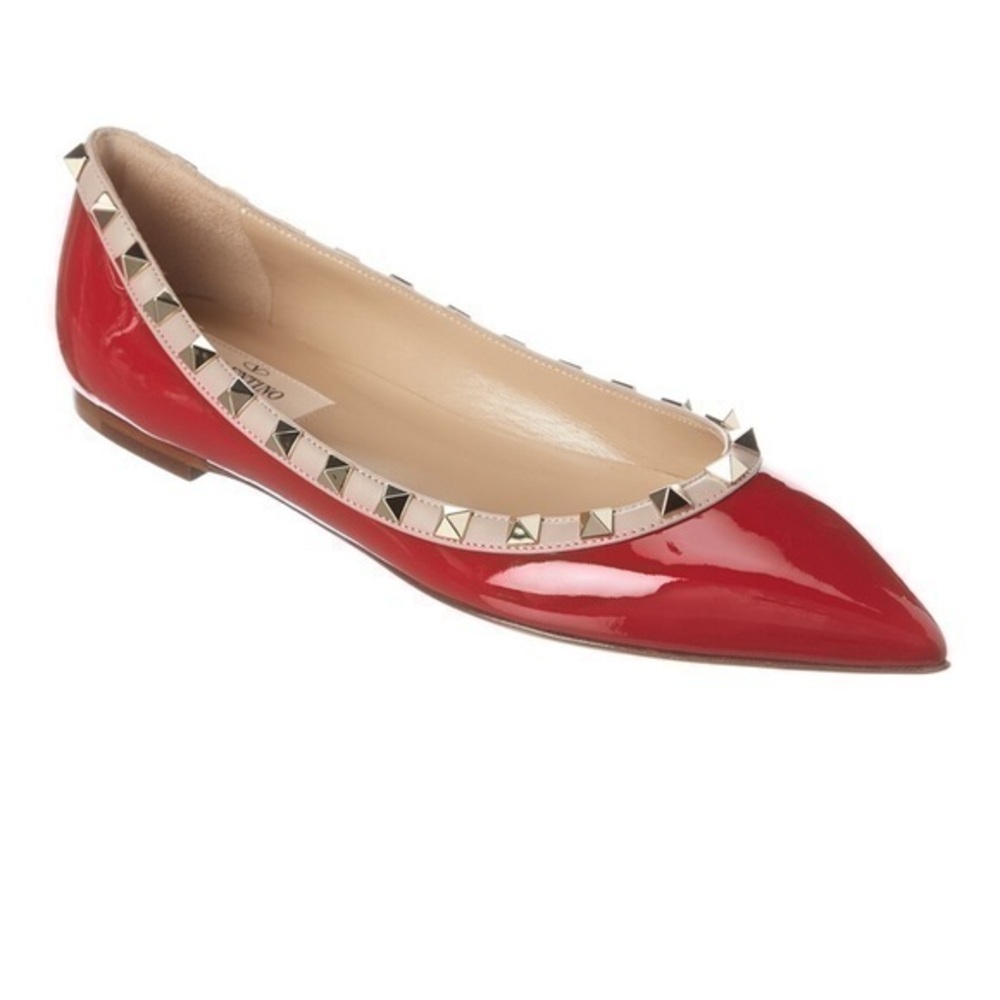 Valentino Garavani Rockstud Pointed Toe Patent Leather Flats Red Poudre Size 37